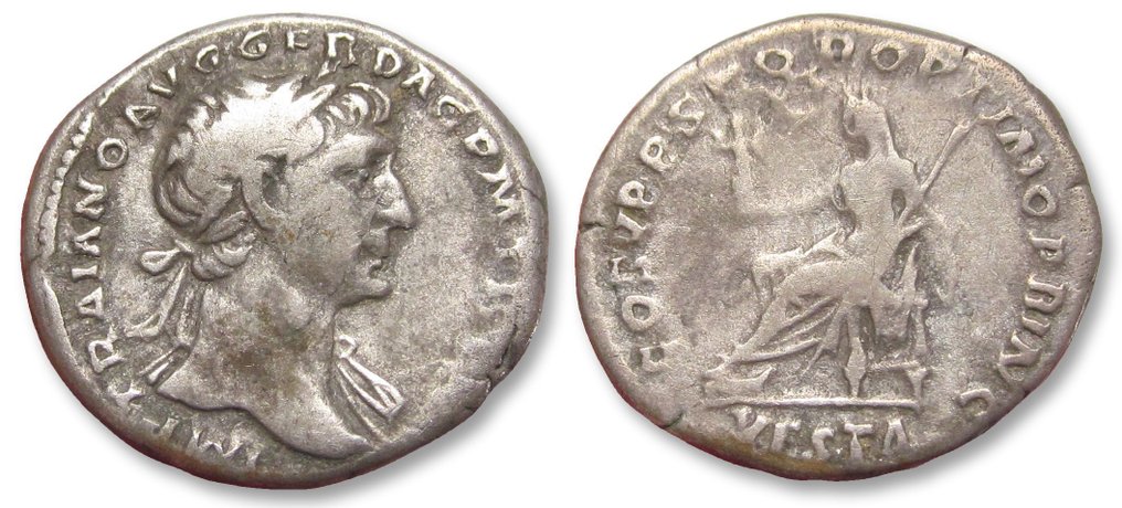 Romerska riket. Trajan (AD 98-117). Denarius Rome mint circa 108-111 A.D - COS V P P SPQR OPTIMO PRINC, with VESTA in exergue -  (Utan reservationspris) #2.1