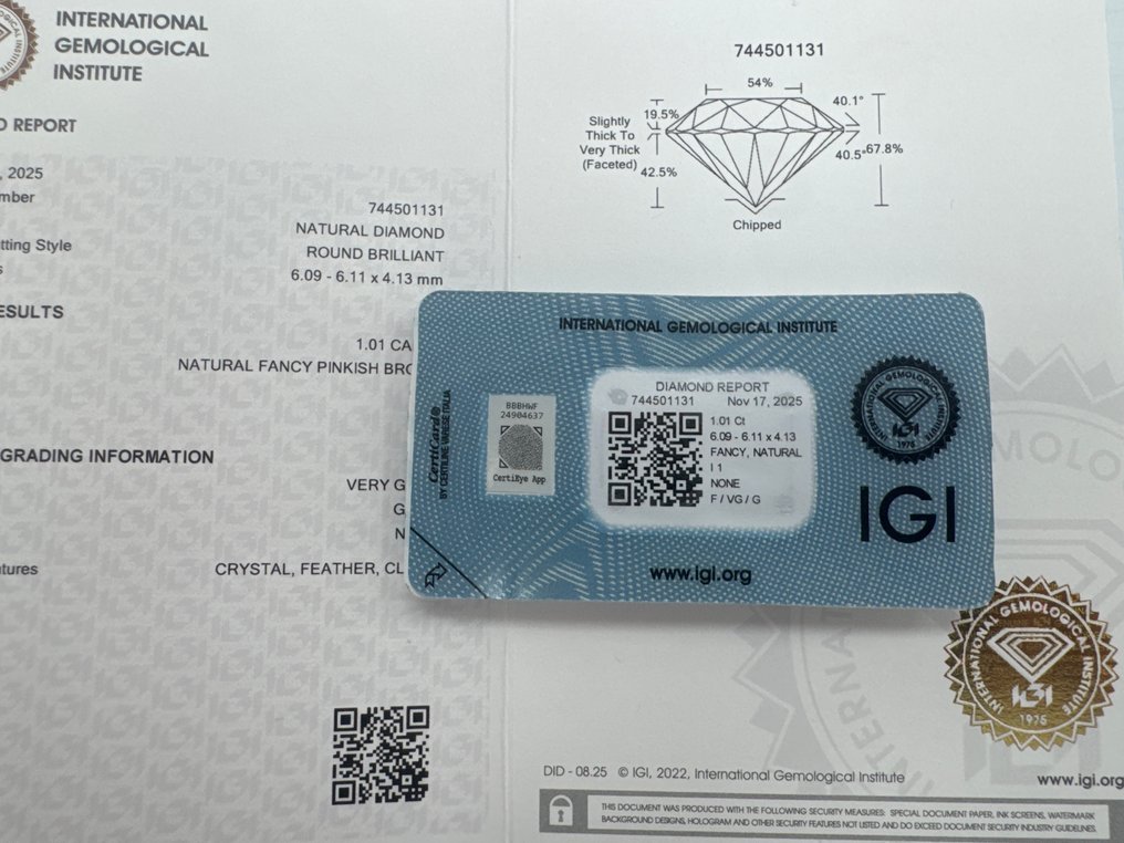 Senza Prezzo di Riserva - 1 pcs Diamante  (Colorato naturale)  - 1.01 ct - Rotondo - Fancy Rosato, Marrone - I1 - International Gemological Institute (IGI) #3.2