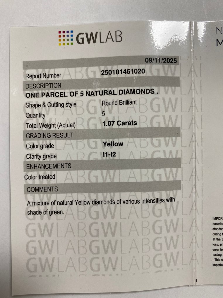 Ingen reservasjonspris - 5 pcs Diamant (Fargebehandlet) - 1.07 ct - Rund - I1, I2 - Gemewizard Gemologisk laboratorium (GWLab) #3.2