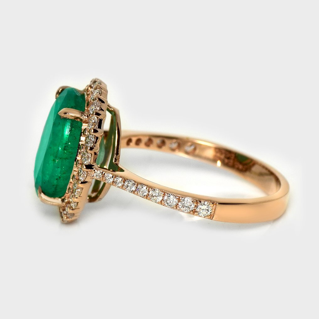 没有保留价 - 戒指 - 14K包金 玫瑰金, HRD 4.34 克拉 强烈绿色 - 4.90ct. tw. 祖母绿 - 钻石 #3.2