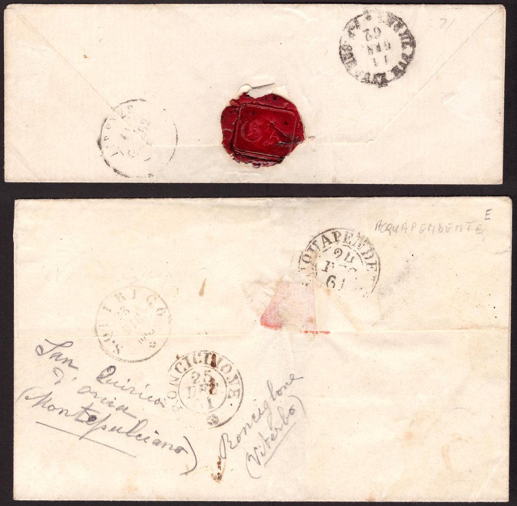 意大利古國－薩丁尼亞 1861/1862 - 两封信从蒙特普尔恰诺出发，获得3分 - Sassone  14Da 15D #1.0