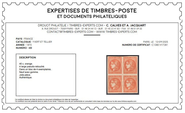 França 1870 - Le 4 large tenant em normais, ainda mais raro que o n°5 nos 4 grandes! Custo: 7250€ sem o - Yvert 48+48l*/MH Bloc de 4, signé Roumet. #1.0