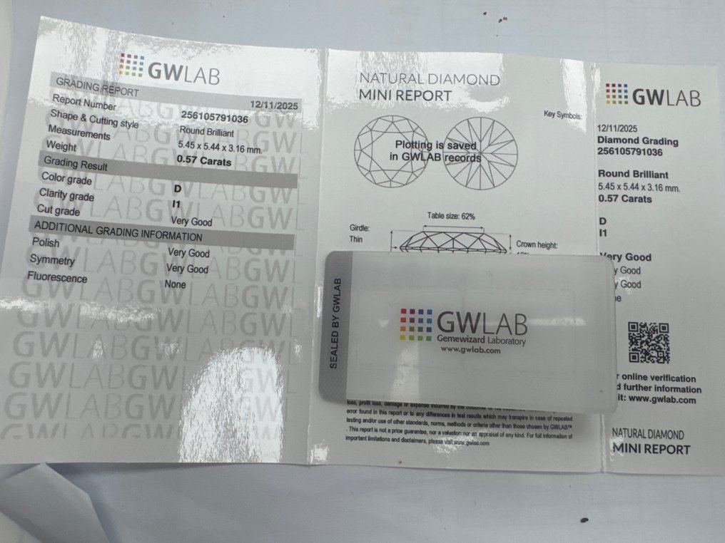没有保留价 - 1 pcs 钻石 (天然) - 0.57 ct - 圆形 - D (无色) - I1 内含一级 - Gemewizard宝石实验室(GWLab) #3.2