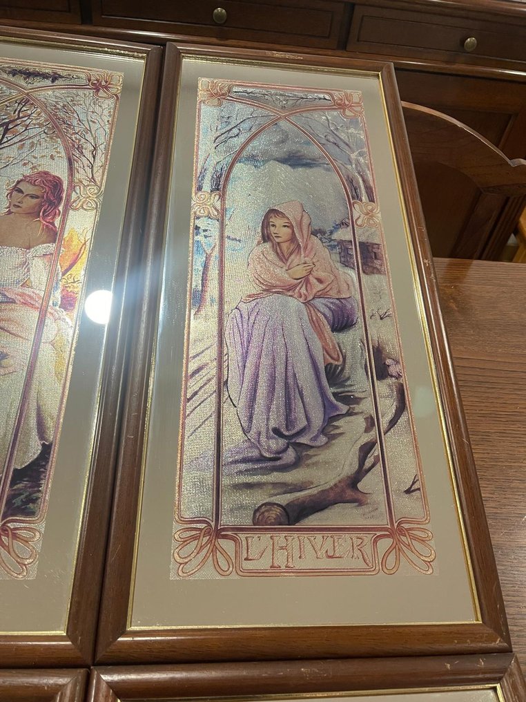 "The Four Seasons" complete series, Art Nouveau inspired: Franklin (Alphonse Mucha style). - 镜子 (4) - 玻璃, 木 #1.0