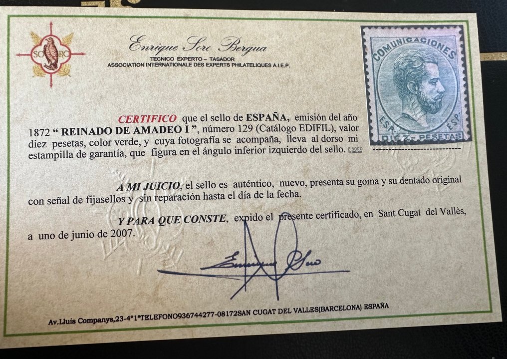 西班牙 1872 - Edifil 129 10 ptas 认证的 - Edifil 129 #2.1