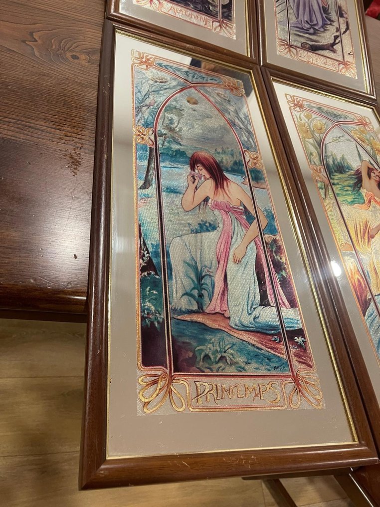 "The Four Seasons" complete series, Art Nouveau inspired: Franklin (Alphonse Mucha style). - 镜子 (4) - 玻璃, 木 #4.3