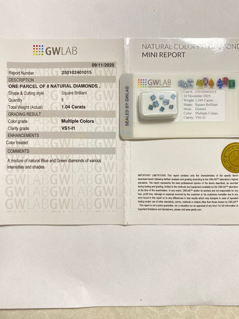 No Reserve Price - 8 pcs Diamond  (Natural coloured)  - 1.04 ct - Square Mixed colours - VS1, I1 - Gemewizard Gemological Laboratory (GWLab) #4.3