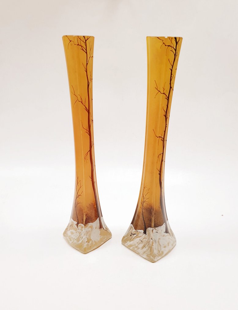 Legras & Cie. - 花瓶 (2) -  签名的超大尺寸一对花瓶 - 森林中的日落 - 雪景  - 玻璃 - 四边形 #4.3