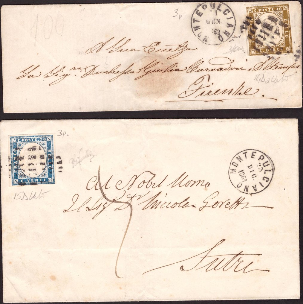 意大利古國－薩丁尼亞 1861/1862 - 两封信从蒙特普尔恰诺出发，获得3分 - Sassone  14Da 15D #1.0