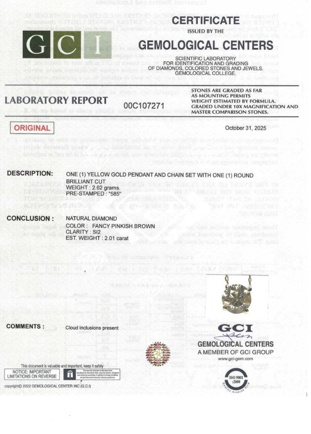 χωρίς τιμή ασφαλείας - Κολιέ με μενταγιόν - 14 καράτια Κίτρινο χρυσό -  2.01ct. tw. Καφέ Διαμάντι (Φυσικού χρώματος) #2.1