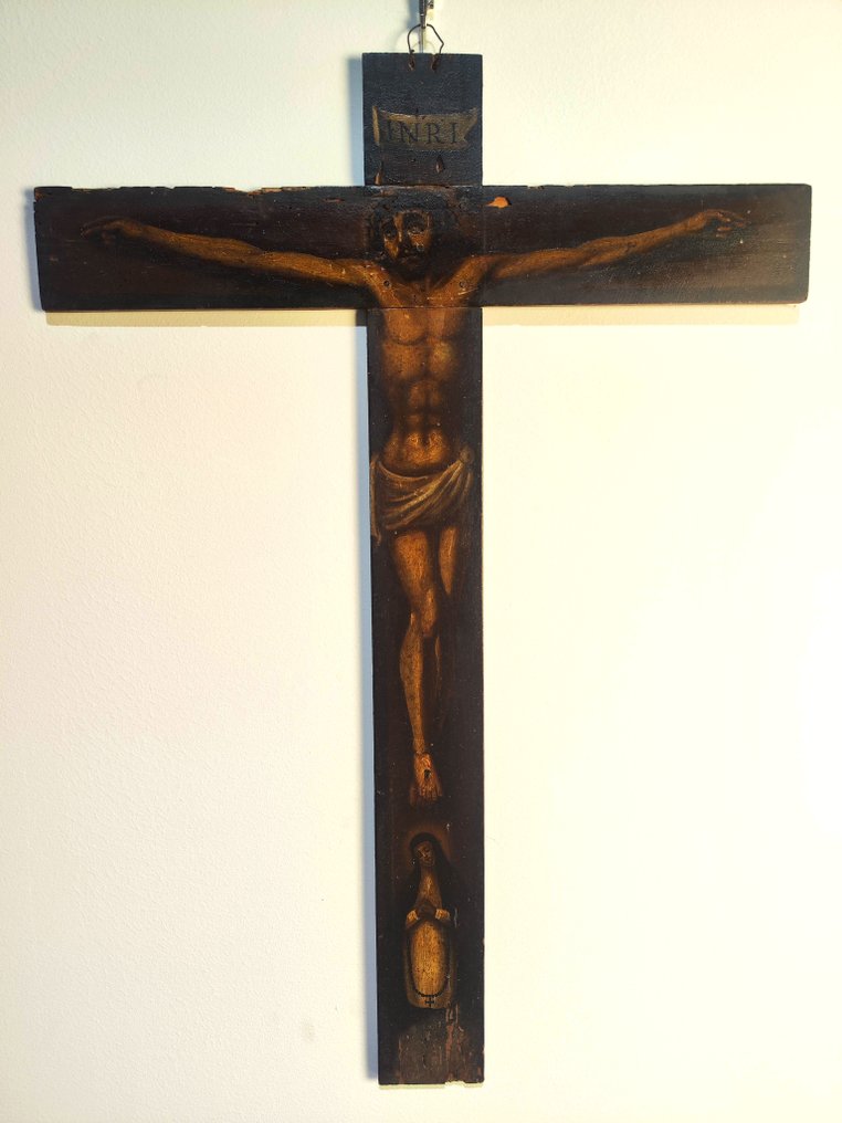 Αντίκες Εσταυρωμένος - Ξύλο - 1700-1750 - Αντίκα κρυσάκι ζωγραφισμένη ευλαβική εικόνα - 79 εκ. #1.0