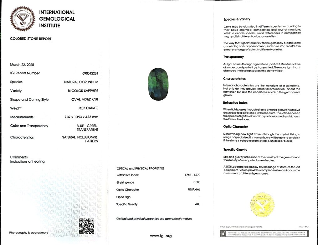 Zonder minimumprijs Blauw, Groen Saffier  - 3.07 ct - International Gemological Institute (IGI) #2.1