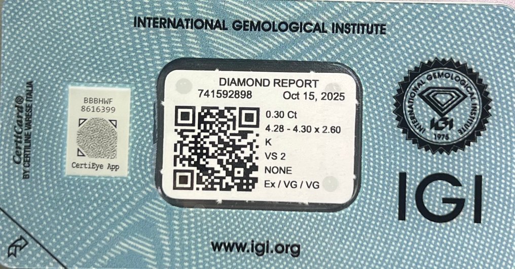 没有保留价 - 1 pcs 钻石  (天然)  - 0.30 ct - 圆形 - K - VS2 轻微内含二级 - 国际宝石研究院（IGI） #3.2