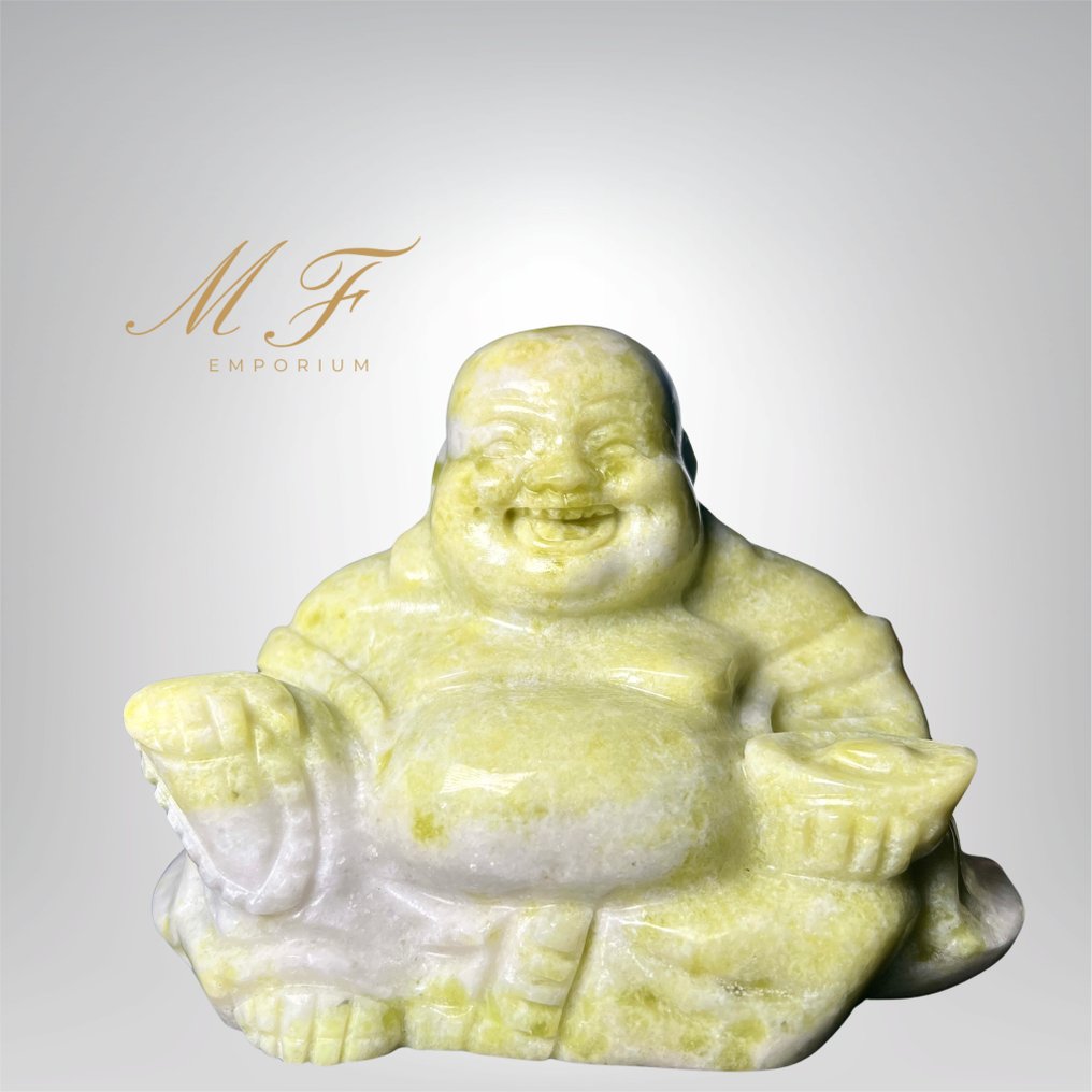 Magnificent Buddha statues in citron jade. Carving - Height: 110 mm - Width: 150 mm- 1350 g - (1) #1.0