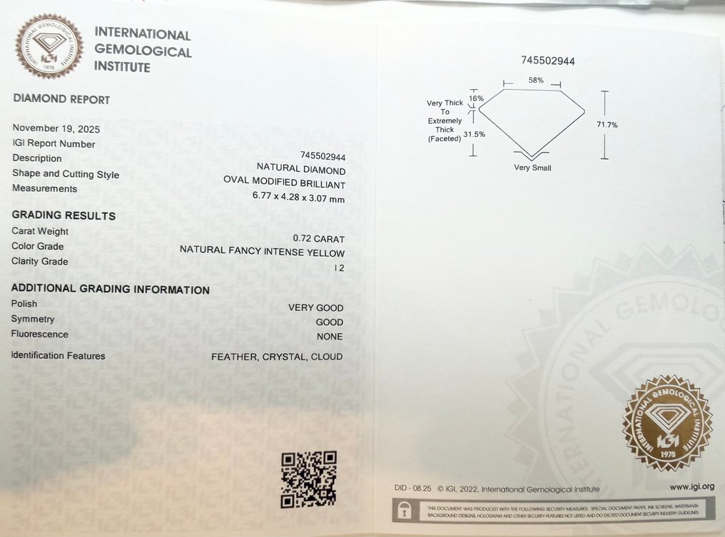 没有保留价 - 1 pcs 钻石  (天然色彩的)  - 0.72 ct - 椭圆形 - Fancy intense 黄色 - I2 内含二级 - 国际宝石研究院（IGI） #2.1