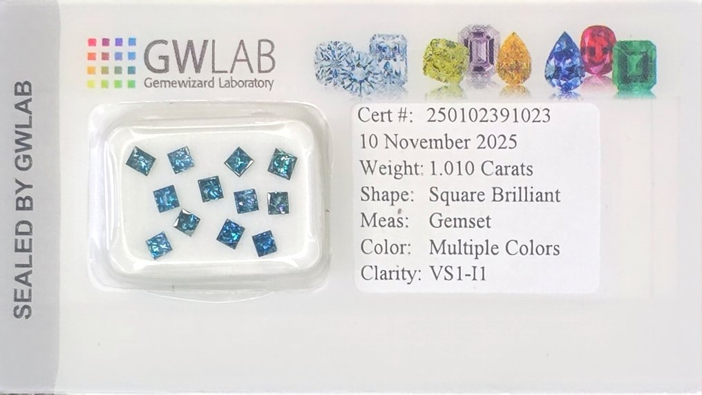 χωρίς τιμή ασφαλείας - 12 pcs Διαμάντι (Φυσικού χρώματος) - 1.01 ct - Τετράγωνο Ανάμεικτα χρώματα - VS1, I1 - Gemewizard Gemological Laboratory (GWLab) #1.0