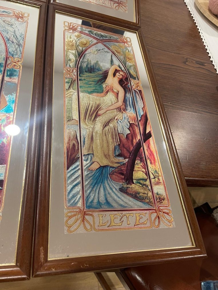 "The Four Seasons" complete series, Art Nouveau inspired: Franklin (Alphonse Mucha style). - 镜子 (4) - 玻璃, 木 #3.2