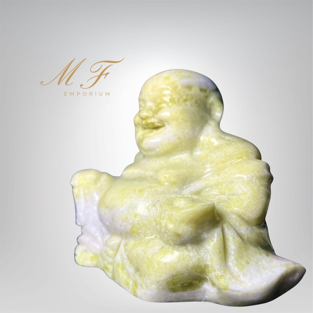 Magnificent Buddha statues in citron jade. Carving - Height: 110 mm - Width: 150 mm- 1350 g - (1) #2.1