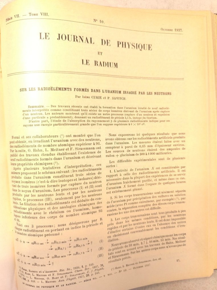Irène Curie / Pavel Savitch, - Sur les radioéléments formés dans l'uranium irradié par les neutrons I & II. In: Journal de Physique - 1937-1938 #2.1