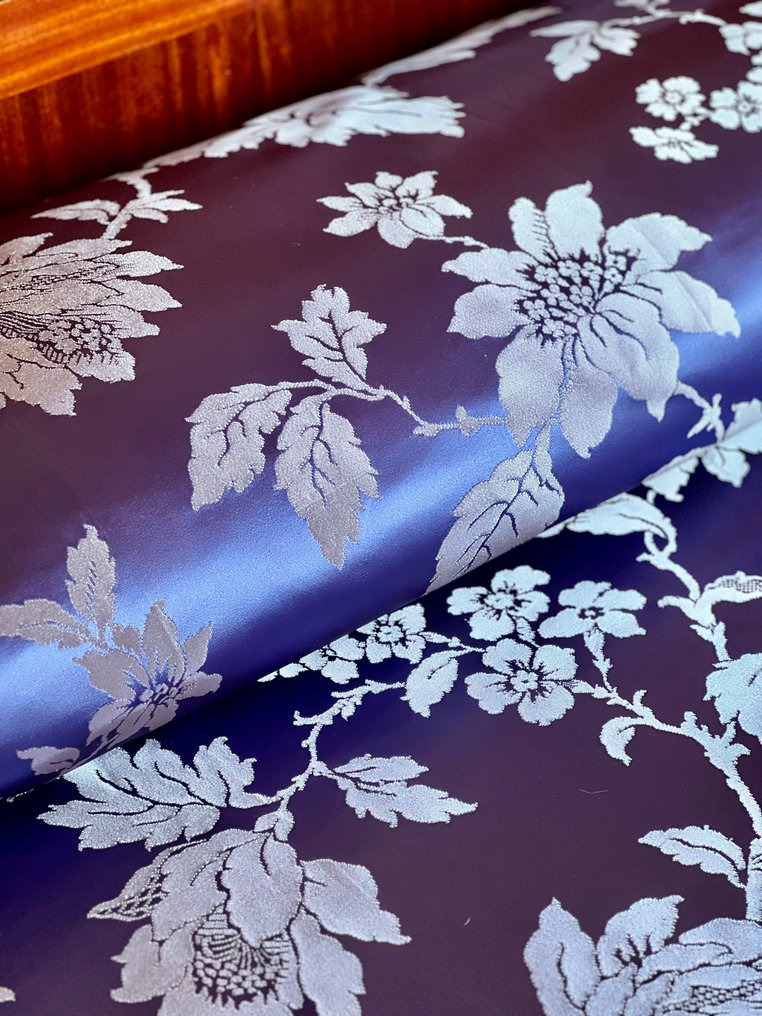 Blue and silver damask silk bedspread, with flower-printed fringe. - Bedspread - 275 cm - 235 cm #1.0