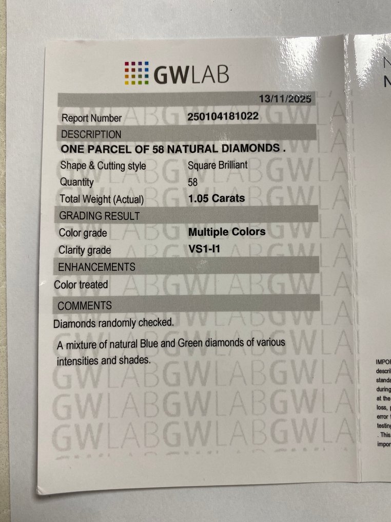 没有保留价 - 58 pcs 钻石 (天然) - 1.05 ct - 方形 - VS1 轻微内含一级, I1 内含一级 - Gemewizard宝石实验室(GWLab) #3.2