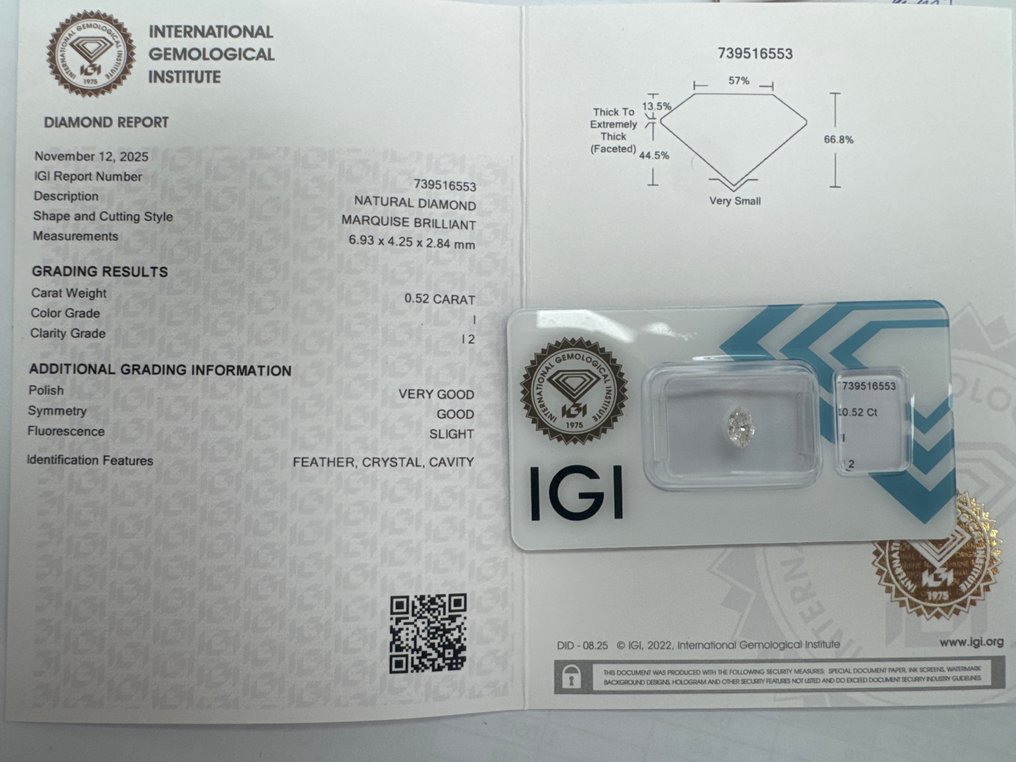 没有保留价 - 1 pcs 钻石  (天然)  - 0.52 ct - 榄尖形 - I - I2 内含二级 - 国际宝石研究院（IGI） #2.1