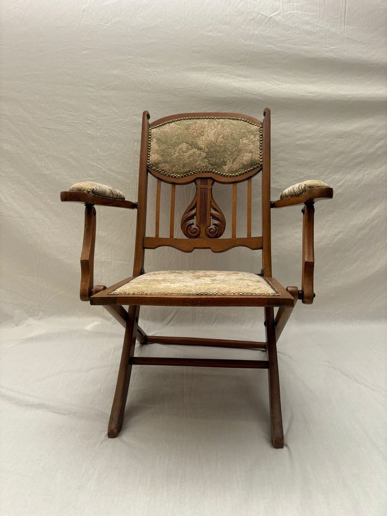 扶手椅 - 20年代法国古董折叠椅，带有花卉图案 - 木 #1.0
