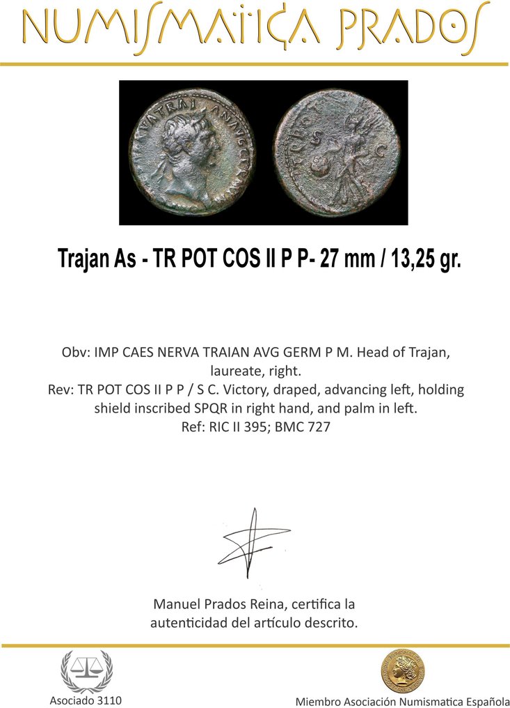 Romerska riket. Trajan (AD 98-117). As TR POT COS II P P  (Utan reservationspris) #1.0