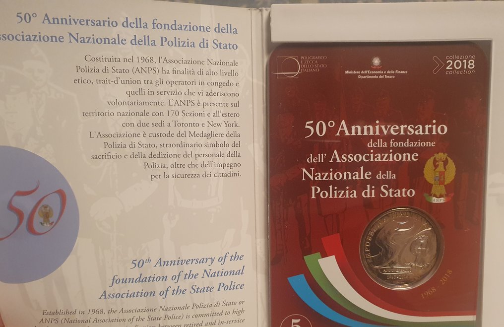 Italy. 5 Euro 2018  50° Anniversario della nascita dell'Associazione Nazionale Polizia di Stato  (No Reserve Price) #1.0