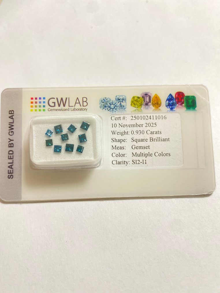 沒有保留價 - 10 pcs 鑽石 (經顏色處理) - 0.93 ct - 方形 - SI2, I1 - Gemewizard Gemological Laboratory (GWLab) #1.0