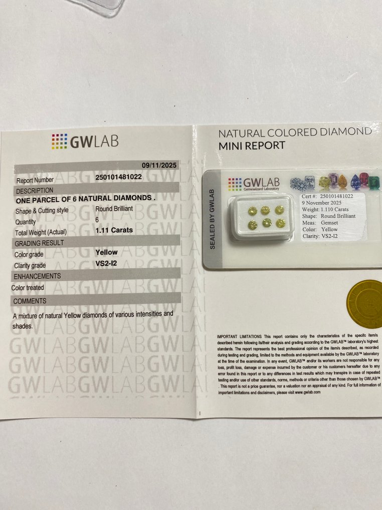 Sem preço de reserva - 6 pcs Diamante (Cor tratada) - 1.11 ct - Redondo - VS2, I2 - Gemewizard Gemological Laboratory (GWLab) #4.3