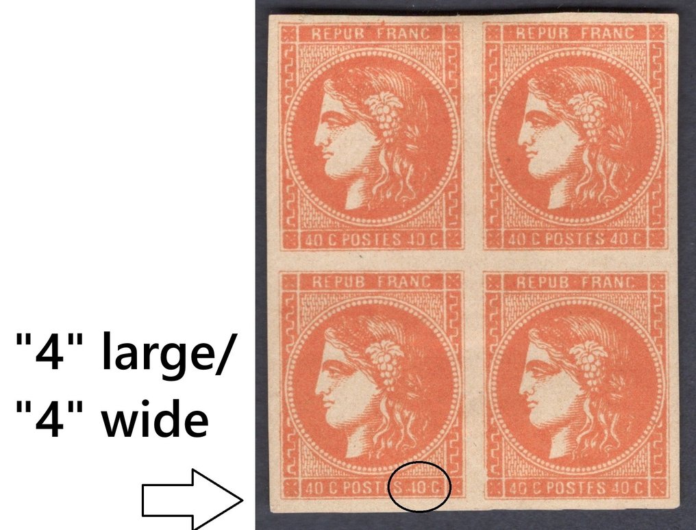 França 1870 - Le 4 large tenant em normais, ainda mais raro que o n°5 nos 4 grandes! Custo: 7250€ sem o - Yvert 48+48l*/MH Bloc de 4, signé Roumet. #1.0