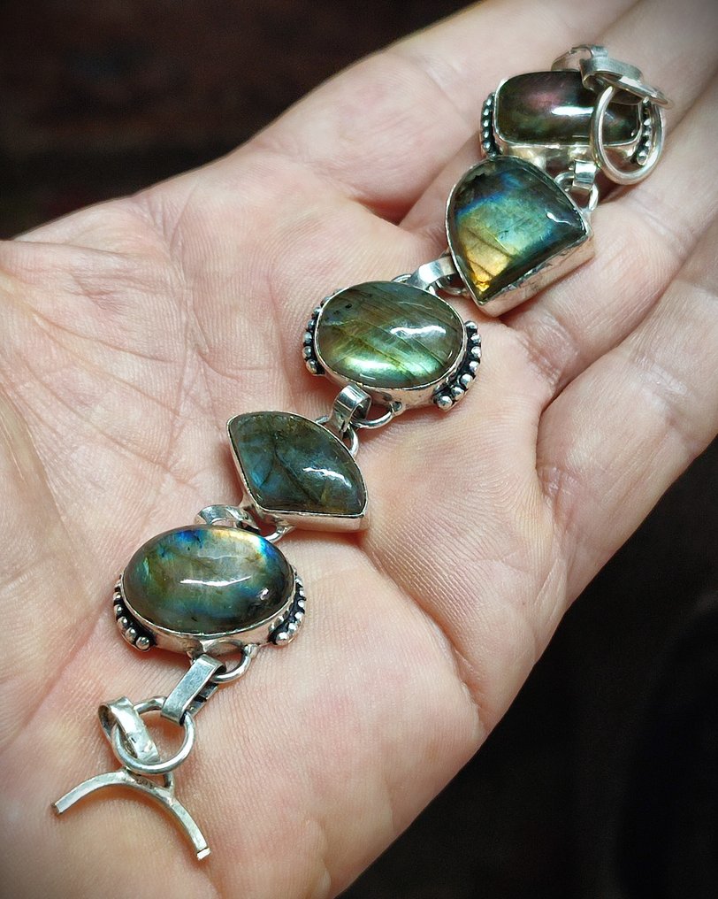 无保留价 非常漂亮 一流品质拉长石手工925银手链 - 手镯 #4.3