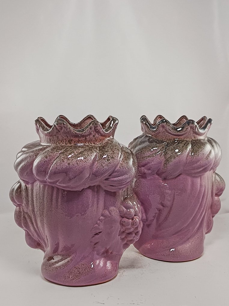 花瓶 - 马爵利卡陶 - 摩洛人头雕塑对 - Caltagirone #3.2