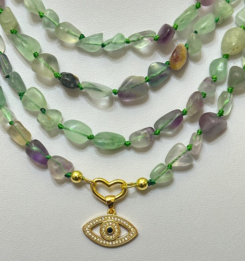 巴西天然萤石 / 高品质 / 非常罕见。配有“万眼”保护符。 - 頸鏈 - 925纯银 #2.1