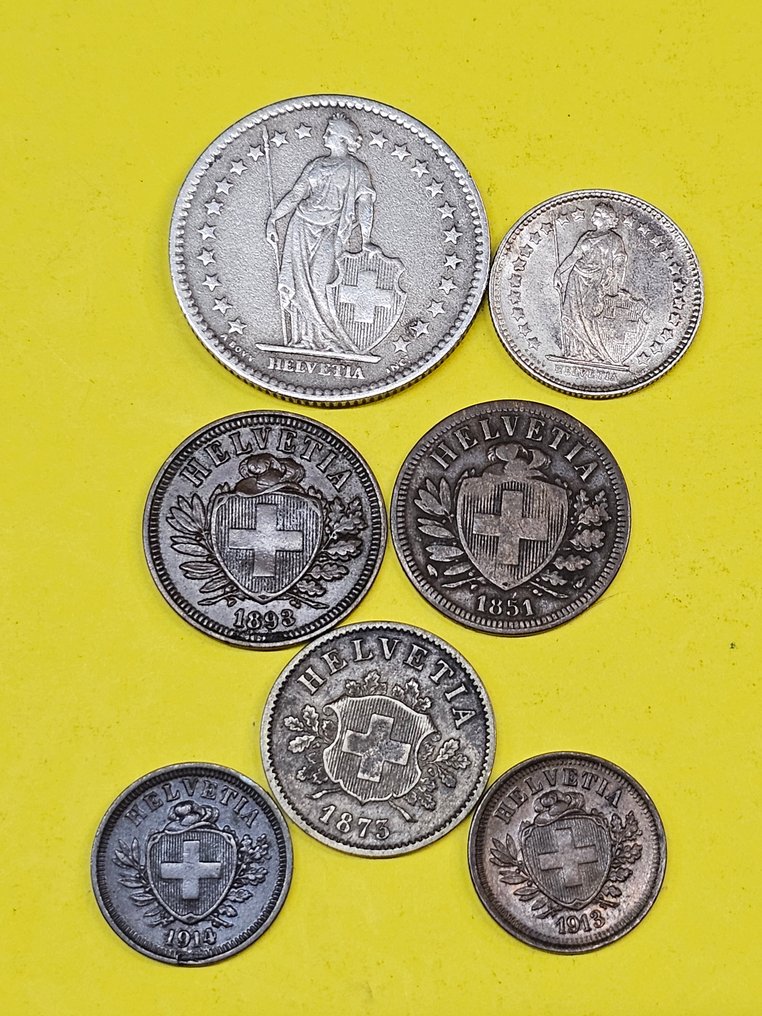Switzerland. Lot of 7 coins, incl. silver 2 Francs 1878, various denominations 1851/1920  (No Reserve Price) #1.0
