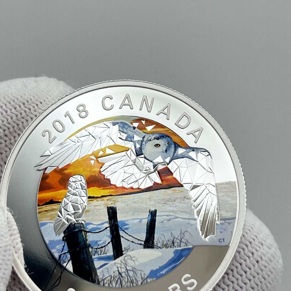 Καναδάς. 20 Dollars 2018 – Geometric Fauna – Snowy Owls – 1 oz Silver Coin – .9999 – Colorized – Proof #2.1