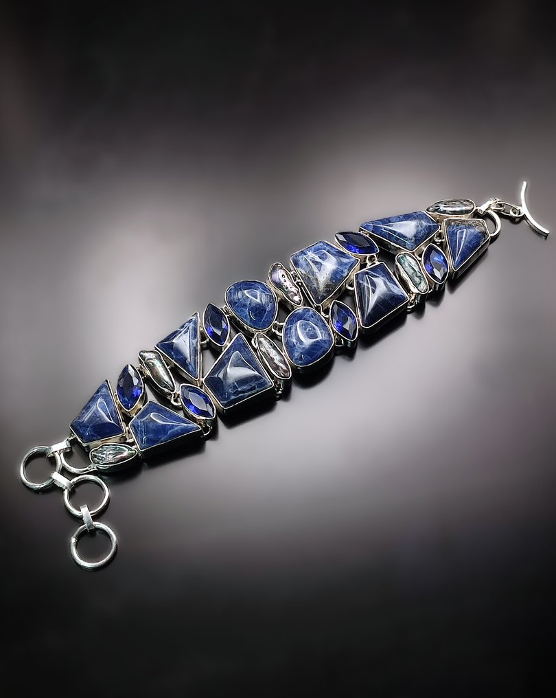 无底价 美丽的苏打石、蓝宝石和巴洛克珍珠 手工制作 925银手链 - 手镯 #3.2