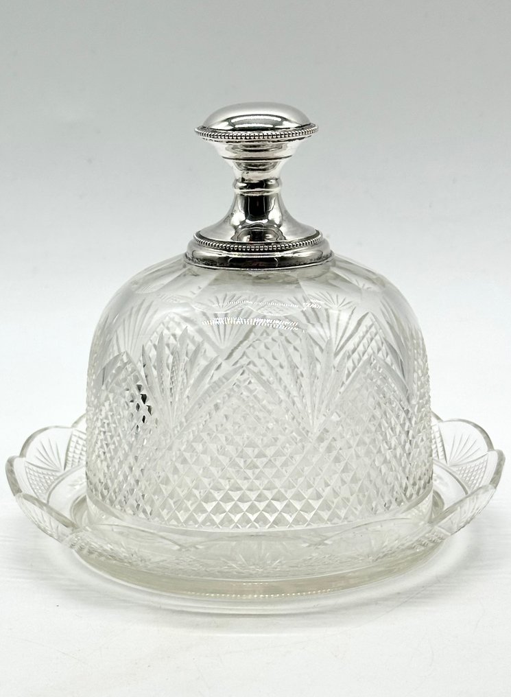 No reserve-Geslepen antieke Kaas/Boterstolp met stevige Hollands zilveren handgreep met parelranden - 黄油碟 - 玻璃, 银 #1.0