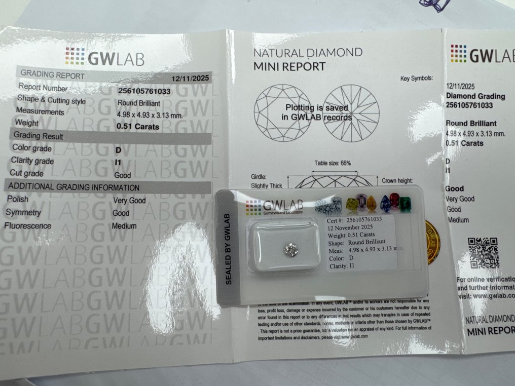 No Reserve Price - 1 pcs Diamond  (Natural)  - 0.51 ct - Round - D (colourless) - I1 - Gemewizard Gemological Laboratory (GWLab) #2.1