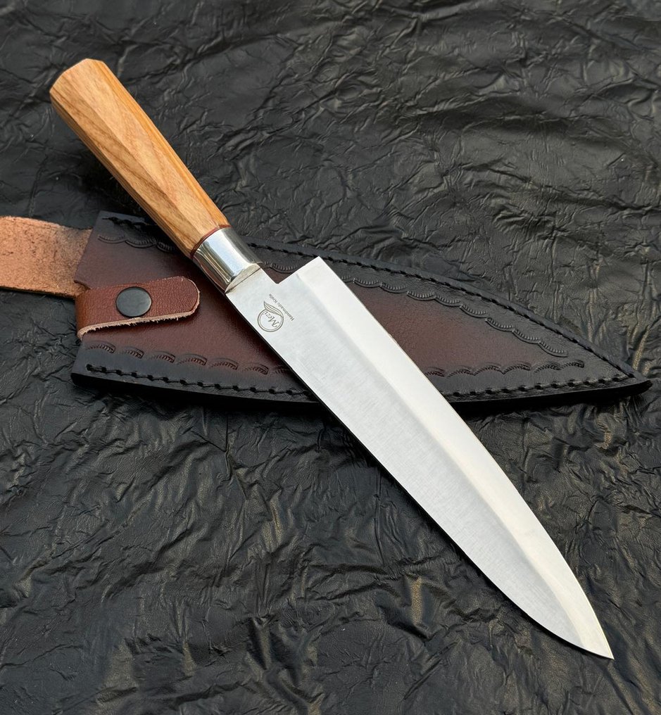 厨刀 -  厨房刀 - 不锈钢12c27厨师刀，银色护罩，山核桃木柄 - 亚洲 - 木头 - 亚洲 #1.0