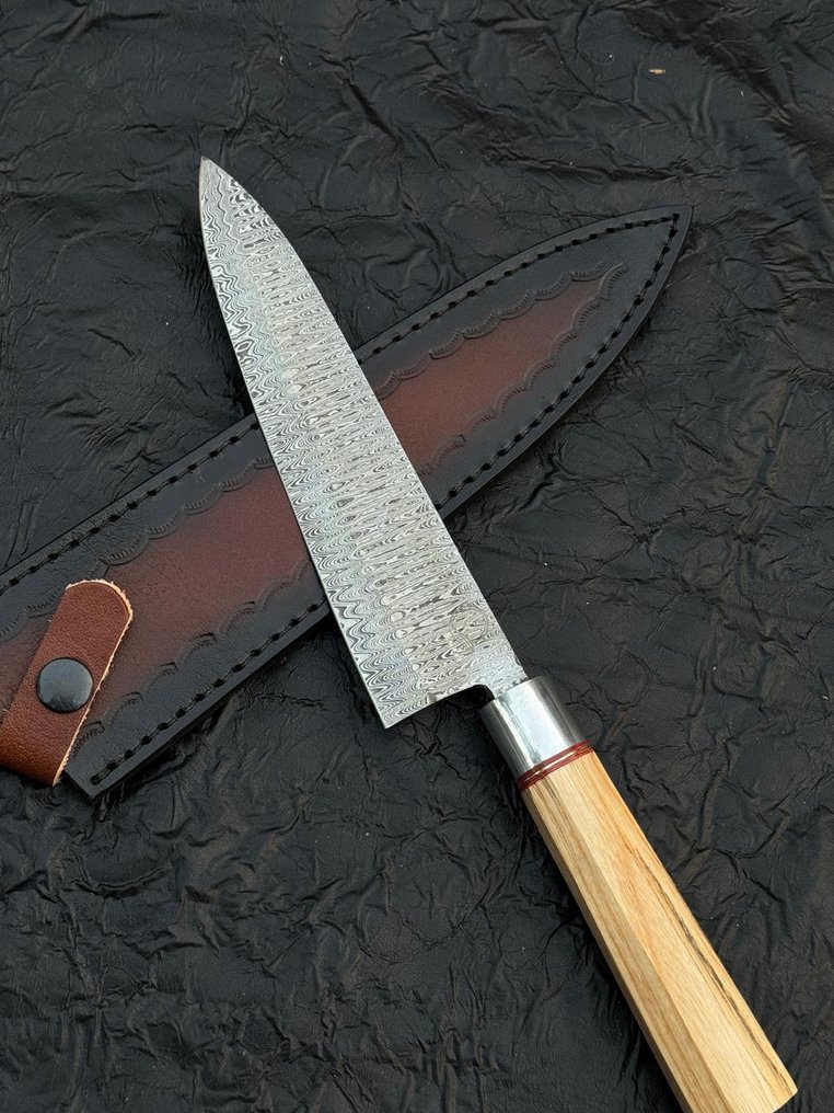 厨刀 -  厨房刀具 - 大马士革梯子，厨师刀银色保护器，配ASH木柄 - 亚洲 - 木头 - 亚洲 #3.2