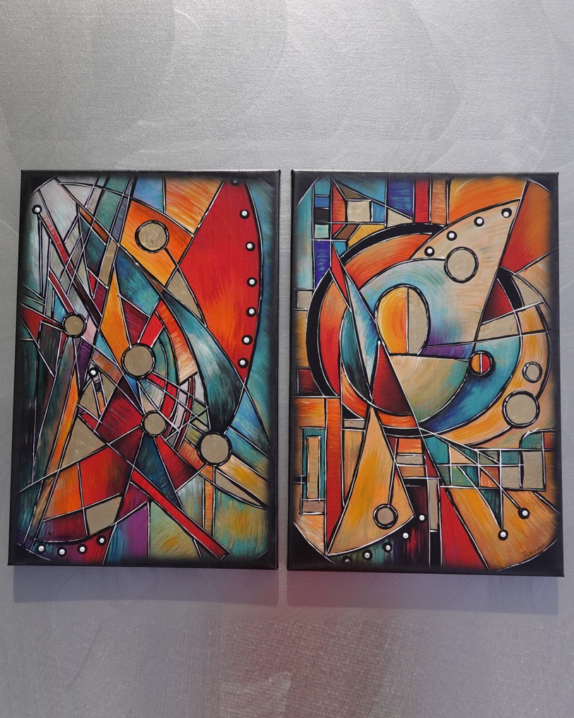 Ksavera - Abstract paintings A1436 - cubism diptych #1.0