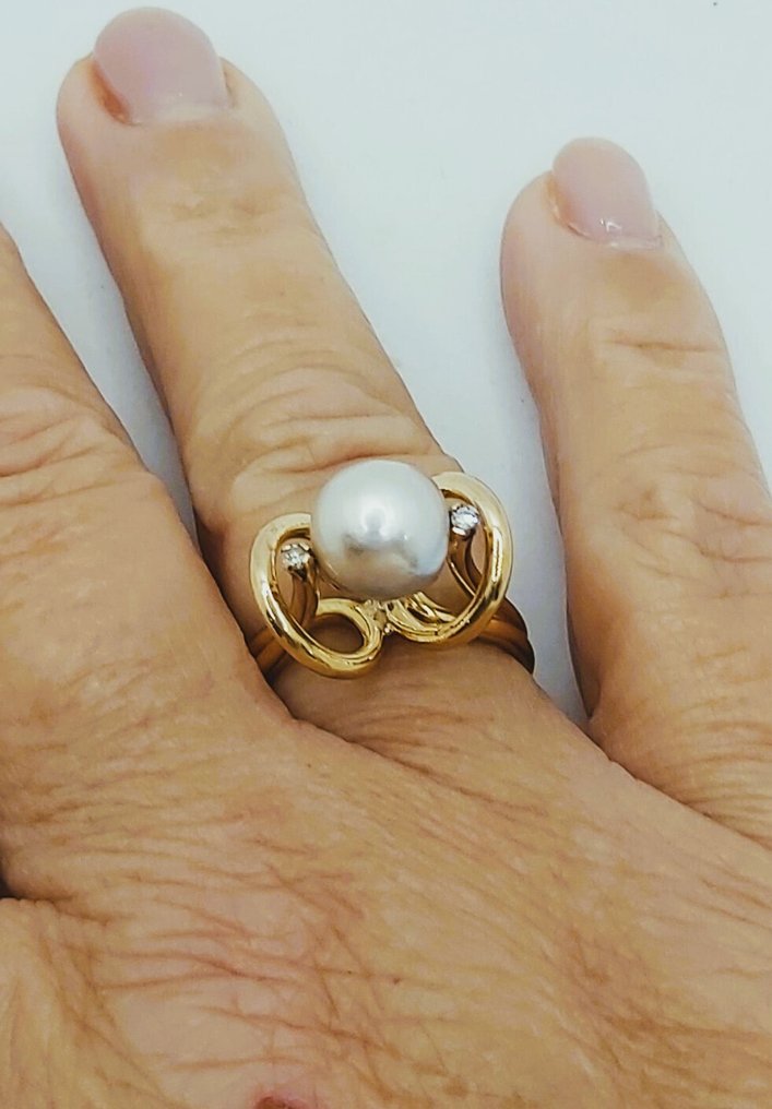 Δαχτυλίδι - 19,2 kt. Κίτρινο χρυσό Μαργαριτάρι - Διαμάντι #1.0