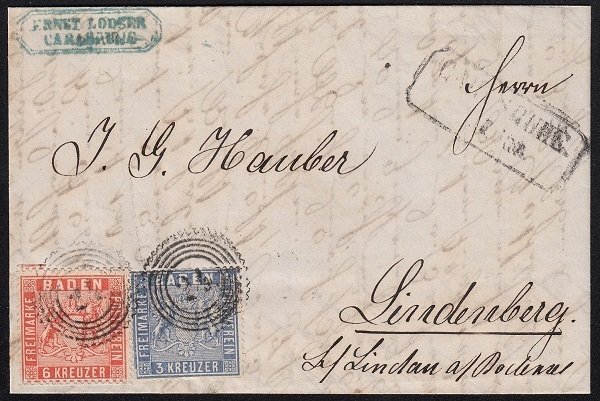 Baden 1861 - Frankatura mista muito limpa e fresca de Carlsruhe-Lindenberg com carimbo de chegada raro de - Michel 10 u. 11 #1.0