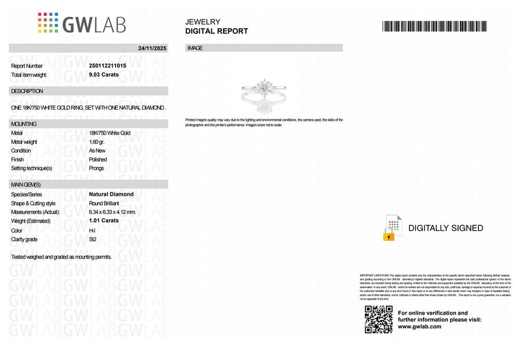 沒有保留價 - 戒指 - 18 克拉 白金 - 1.01ct. tw. 鉆石 (天然) - GWLab #2.1