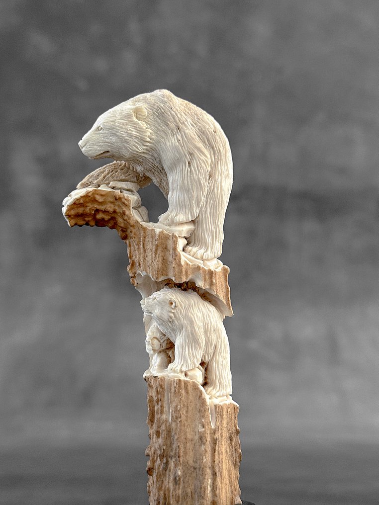 Sculpture, NO RESERVE PRICE - Stunning Bear carving from deer antler on a custom stand - 18 cm - Antler de cerf - 2025 #3.2