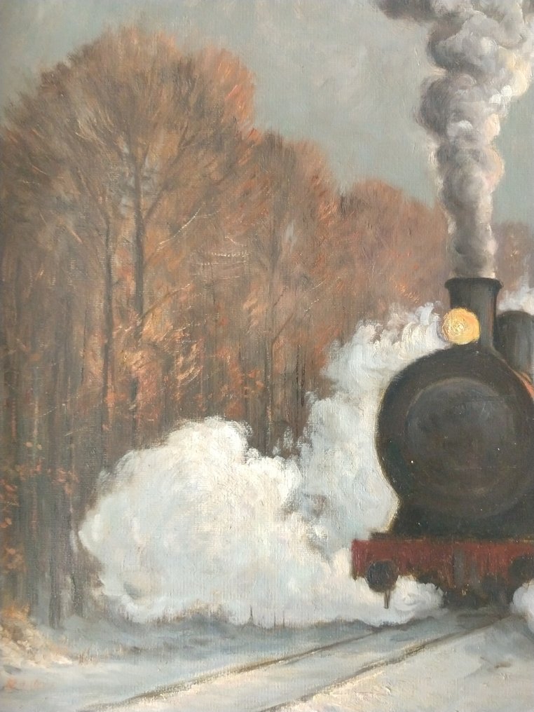 Jan Scholten (1948-) - Stoomlocomotief door winters landschap #4.3