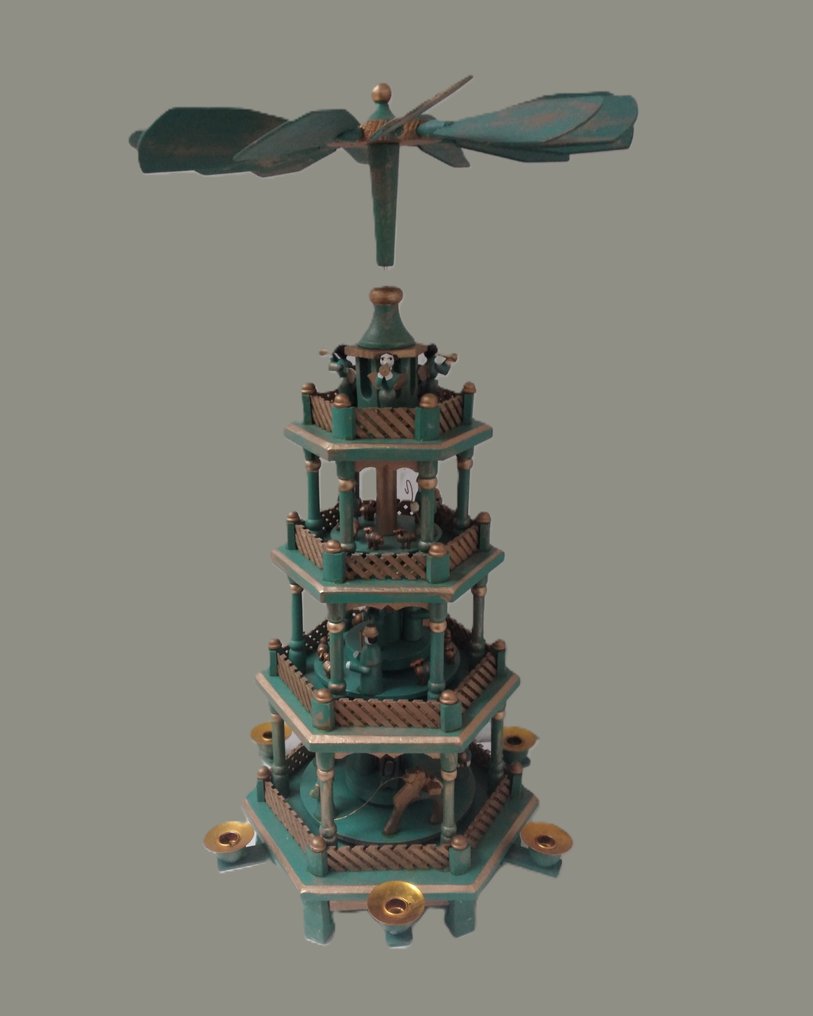 Christmas figurine - Rotating Christmas pyramid, green - gold - 4 tiers - 57 cm - top - Wood #1.0