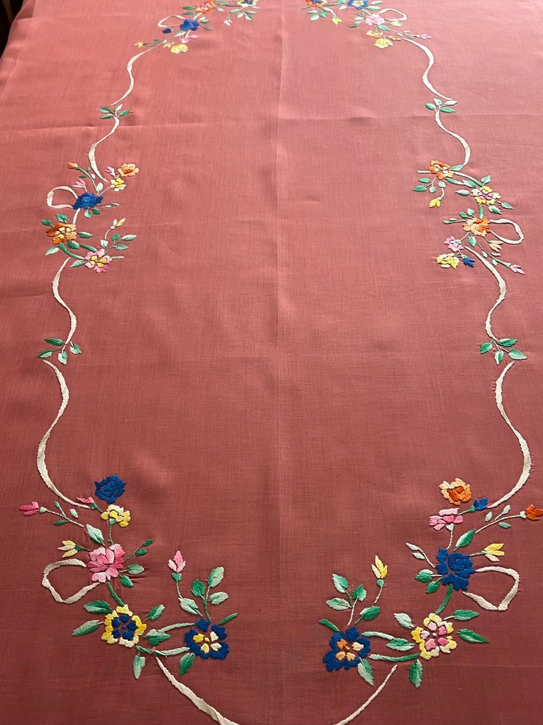 Coral-colored linen tablecloth, 16 matching napkins, beautiful handcrafted work. - Tablecloth - 240 cm - 180 cm #1.0